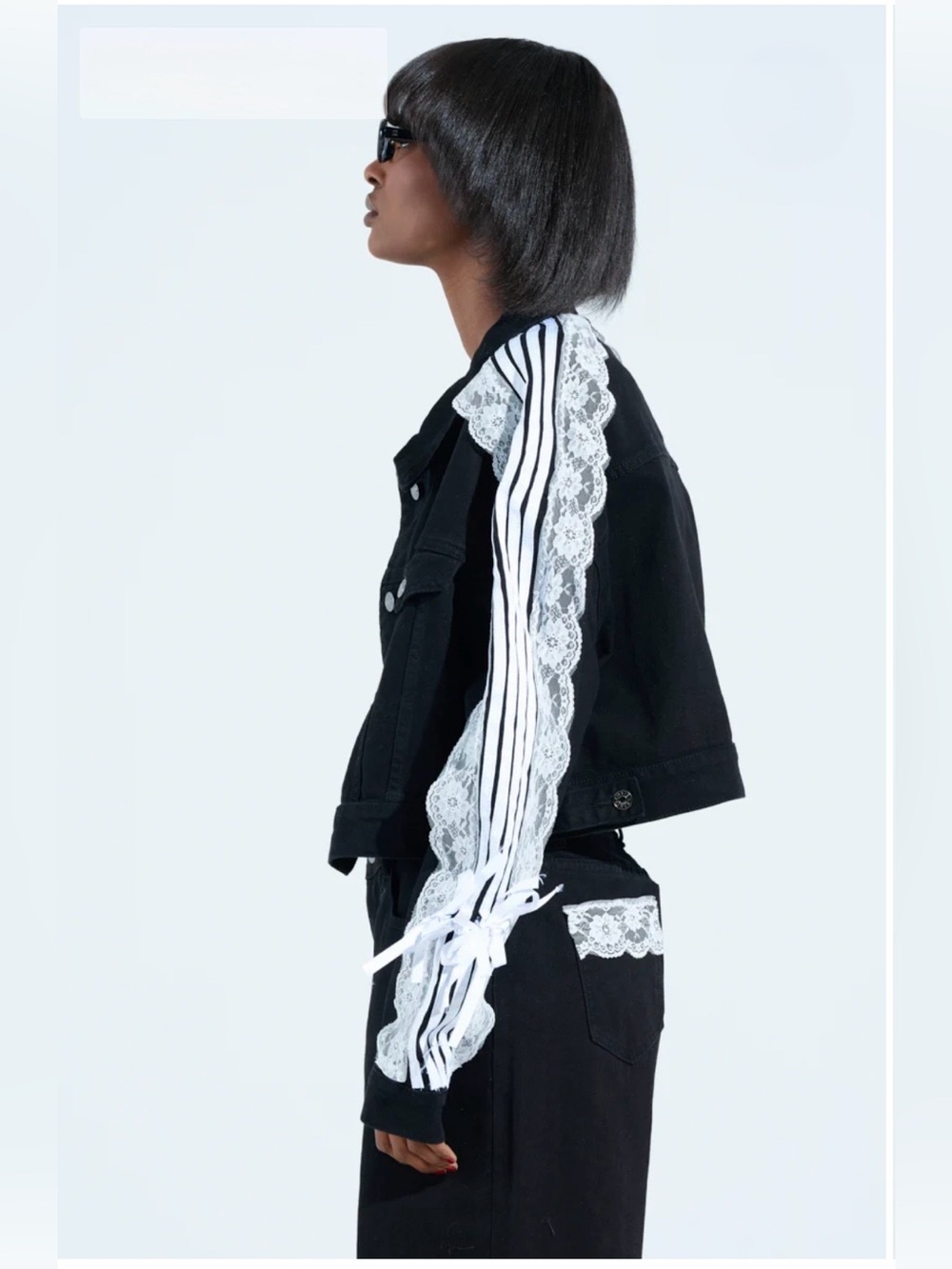 AKIRA Black & White Striped Lace & Bows Denim Jean Jacket Sleeve Detail Adidas M